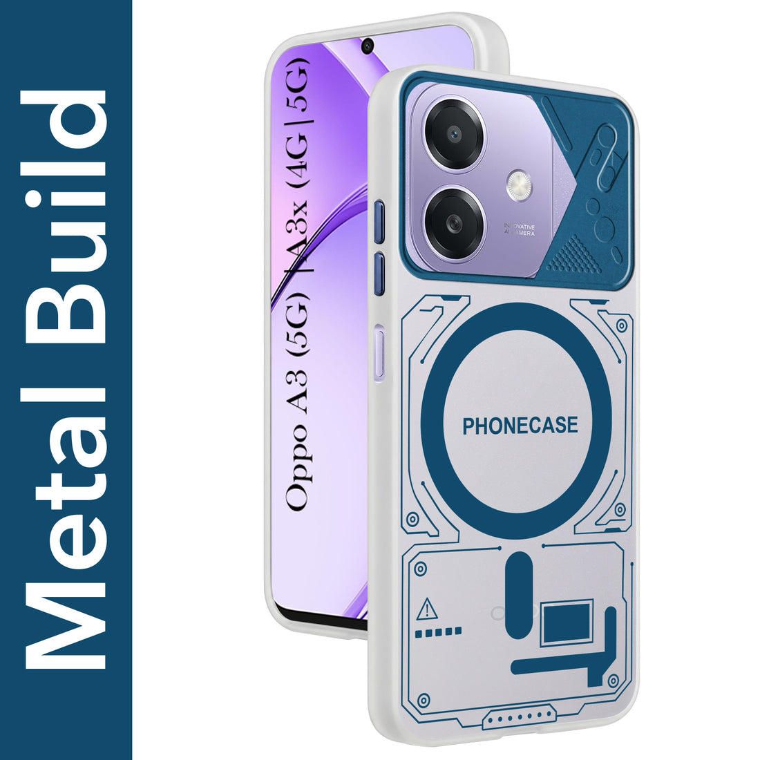 For Oppo A3X (4G/5G) | Oppo A3 5G Metallic Back Cover Case (Metallic Camera Protection & Buttons | Translucent Milky Shade | Hard Polycarbonate)