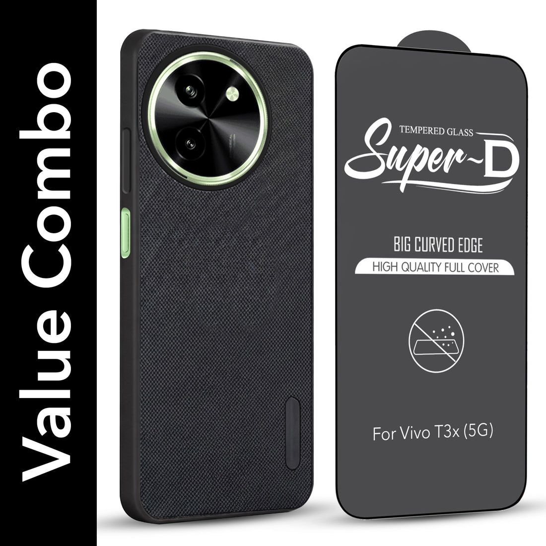 For Vivo T3X 5G Combo with Back Cover and 9H Tempered Glass (Textured Grip Design | Micro-Fiber Cloth Inside | Oleophobic Coating Screen Glass)