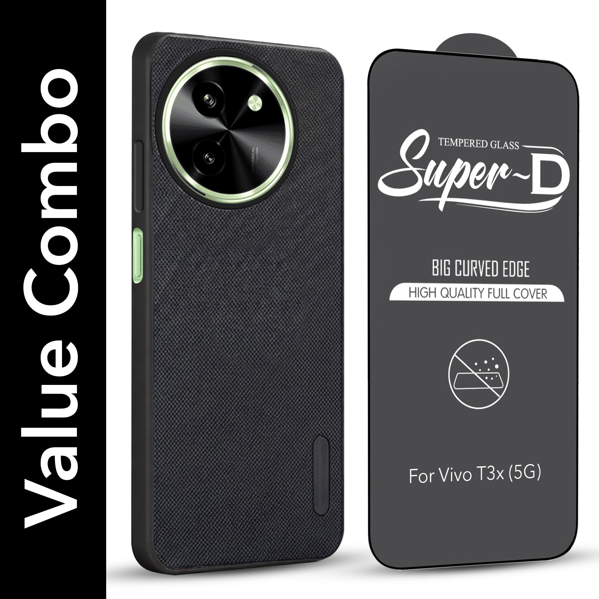 For Vivo T3X 5G Combo with Back Cover and 9H Tempered Glass (Textured Grip Design | Micro-Fiber Cloth Inside | Oleophobic Coating Screen Glass)