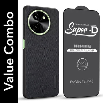 For Vivo T3X 5G Combo with Back Cover and 9H Tempered Glass (Textured Grip Design | Micro-Fiber Cloth Inside | Oleophobic Coating Screen Glass)