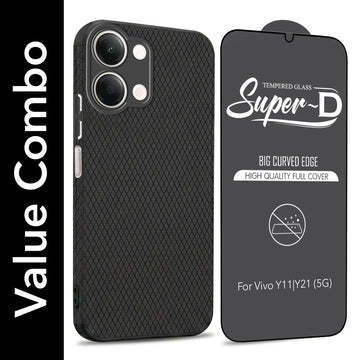 For Vivo Y11 | Vivo Y21 5G Combo with Back Cover and 9H Tempered Glass (Liquid Silicone | Camera Protection | Oleophobic Coating Screen Glass)