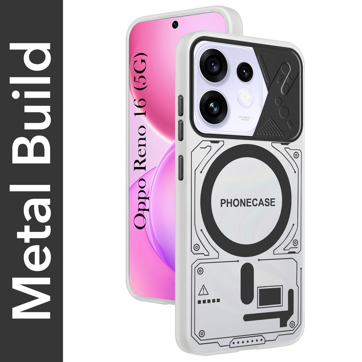 For Oppo Reno 16 Metallic Back Cover Case (Metallic Camera Protection & Buttons | Translucent Milky Shade | Hard Polycarbonate)