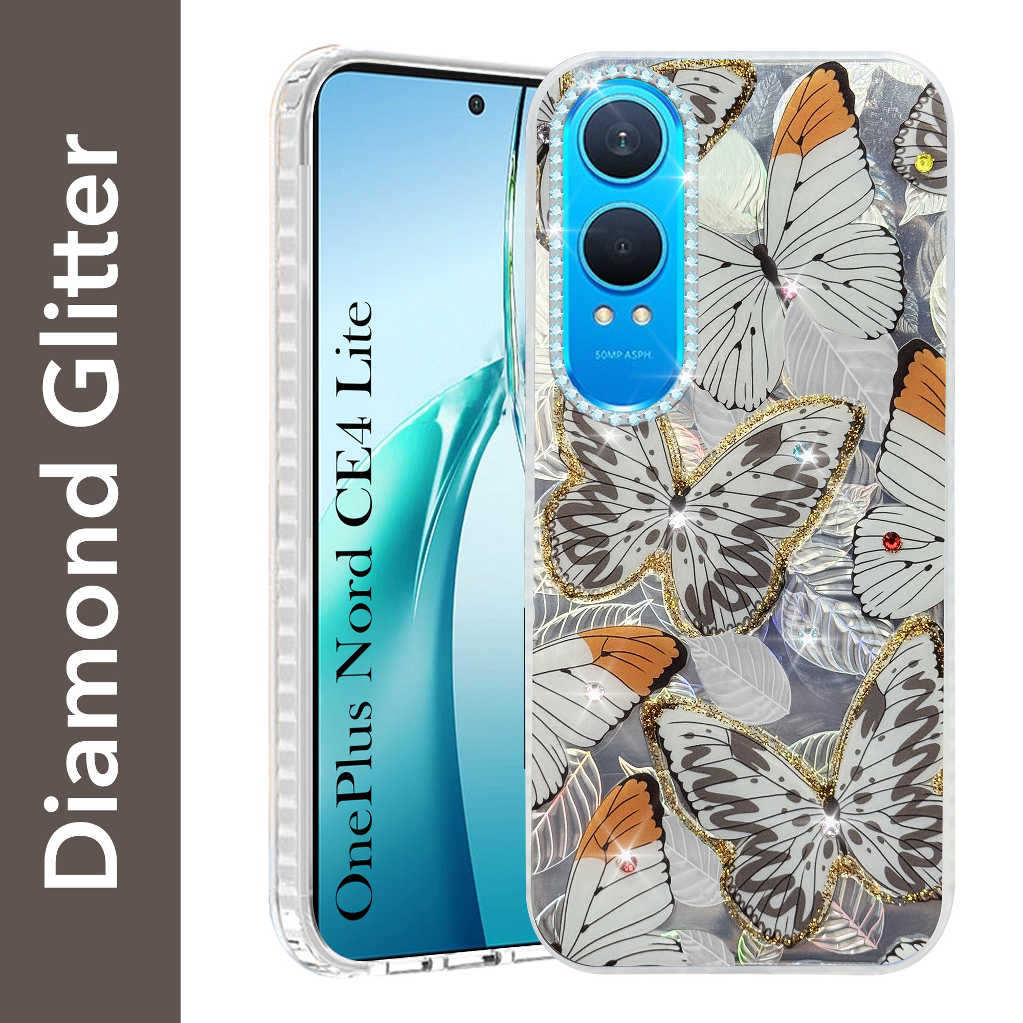 For OnePlus Nord CE 4 Lite Back Cover Case (Luxury Floral Glitter Cute Butterfly | Diamond Studded Camera Bump | Girls & Women Design)