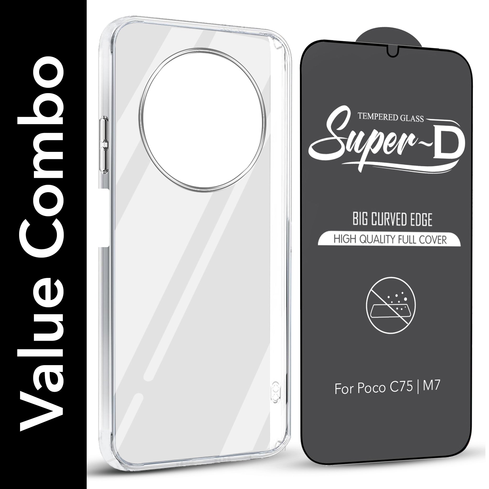 For Poco C75 | Poco M7 Combo with Back Cover and 9H Tempered Glass (Lifetime Anti-Yellow | Sleek Hard Crystal | Oleophobic Coating Screen Glass)