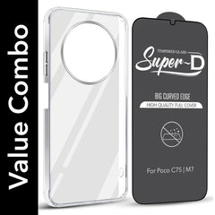 For Poco C75 | Poco M7 Combo with Back Cover and 9H Tempered Glass (Lifetime Anti-Yellow | Sleek Hard Crystal | Oleophobic Coating Screen Glass)