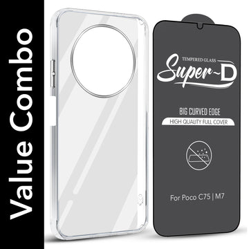 For Poco C75 | Poco M7 Combo with Back Cover and 9H Tempered Glass (Lifetime Anti-Yellow | Sleek Hard Crystal | Oleophobic Coating Screen Glass)
