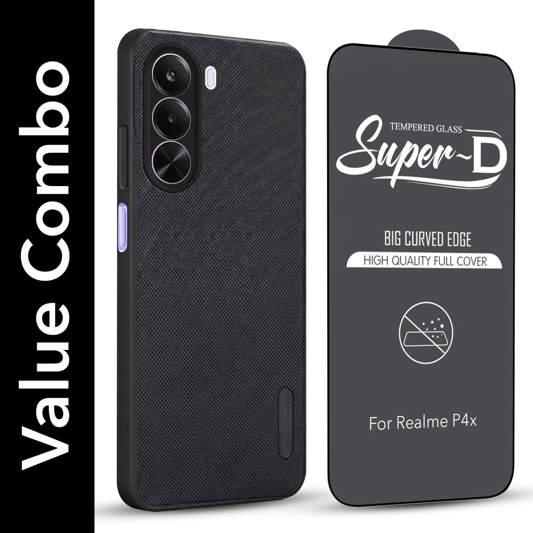 For Realme P4x Combo with Back Cover and 9H Tempered Glass (Textured Grip Design | Micro-Fiber Cloth Inside | Oleophobic Coating Screen Glass)