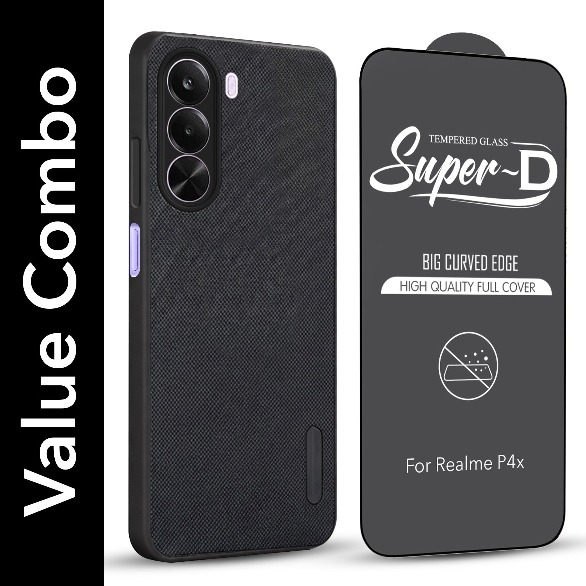 For Realme P4x Combo with Back Cover and 9H Tempered Glass (Textured Grip Design | Micro-Fiber Cloth Inside | Oleophobic Coating Screen Glass)