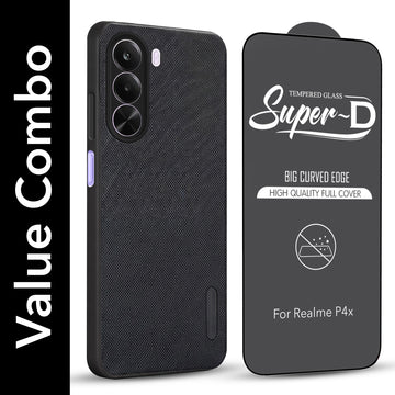 For Realme P4x Combo with Back Cover and 9H Tempered Glass (Textured Grip Design | Micro-Fiber Cloth Inside | Oleophobic Coating Screen Glass)