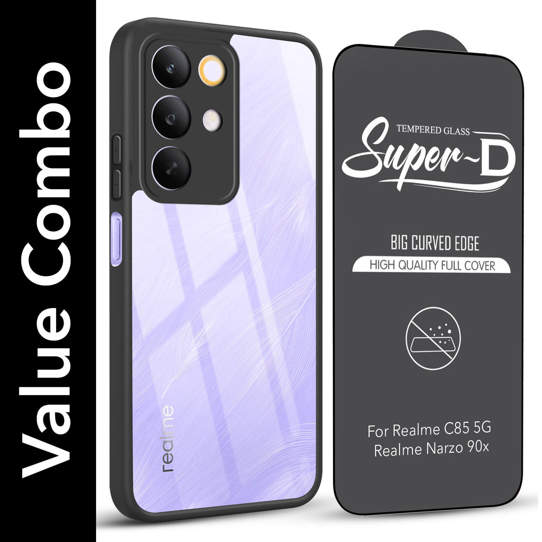 For Realme C85 5G | Realme Narzo 90x Combo with Back Cover and 9H Tempered Glass (Lifetime Anti-Yellow | Crystal Clear Shockproof | Oleophobic Coating Screen Glass)