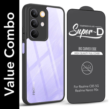 For Realme C85 5G | Realme Narzo 90x Combo with Back Cover and 9H Tempered Glass (Lifetime Anti-Yellow | Crystal Clear Shockproof | Oleophobic Coating Screen Glass)