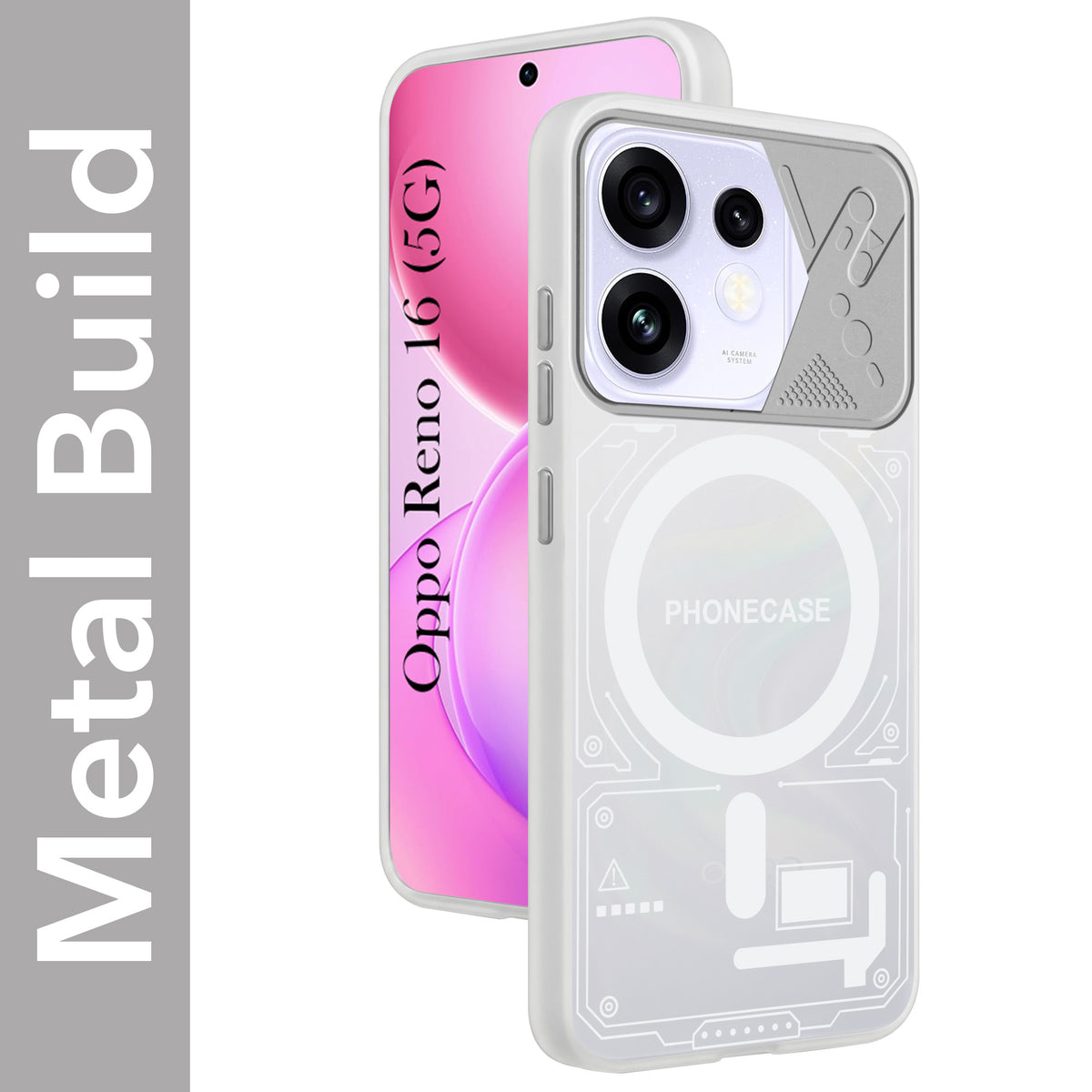 For Oppo Reno 16 Metallic Back Cover Case (Metallic Camera Protection & Buttons | Translucent Milky Shade | Hard Polycarbonate)