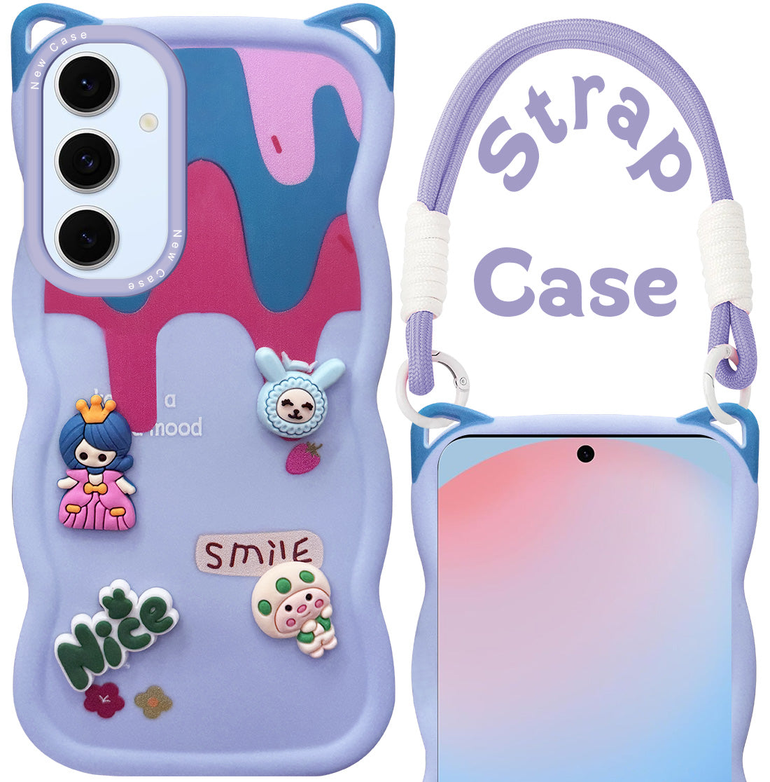 For Samsung Galaxy S24 FE Back Case Cover Strap (3D embossed Figures | Strap Holder | 360* Soft Cushion with Camera Bump)