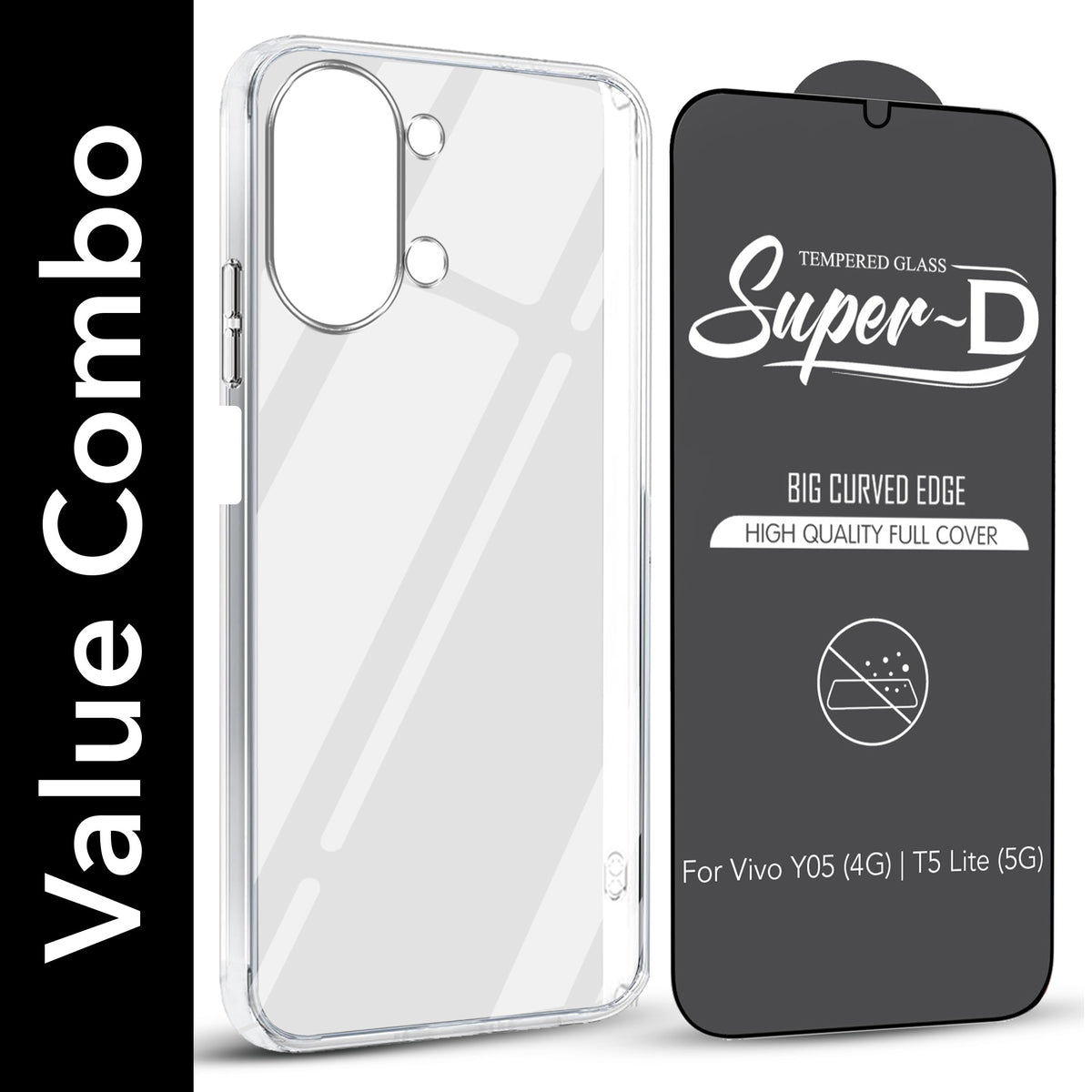 For Vivo Y05 (4G) | Vivo T5 Lite (5G)  Combo with Back Cover and 9H Tempered Glass (Lifetime Anti-Yellow | Sleek Hard Crystal | Oleophobic Coating Screen Glass)
