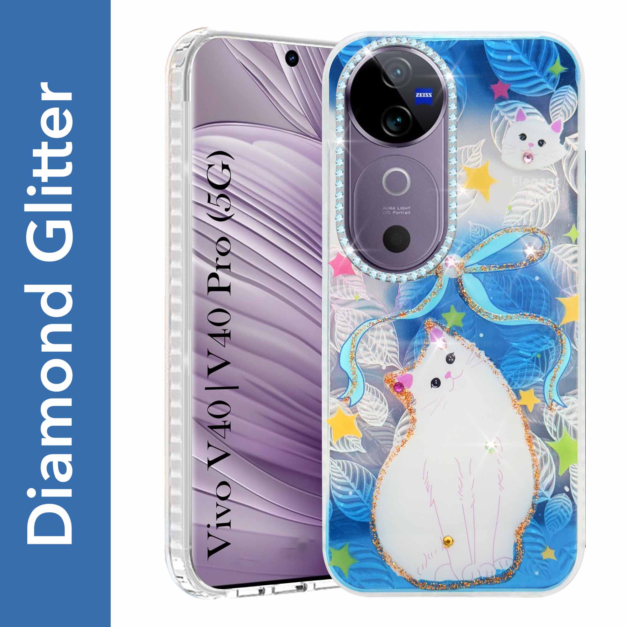 For Vivo V40 | Vivo V40 Pro 5G Back Cover Case (Luxury Floral Glitter Cute Butterfly | Diamond Studded Camera Bump | Girls & Women Design)