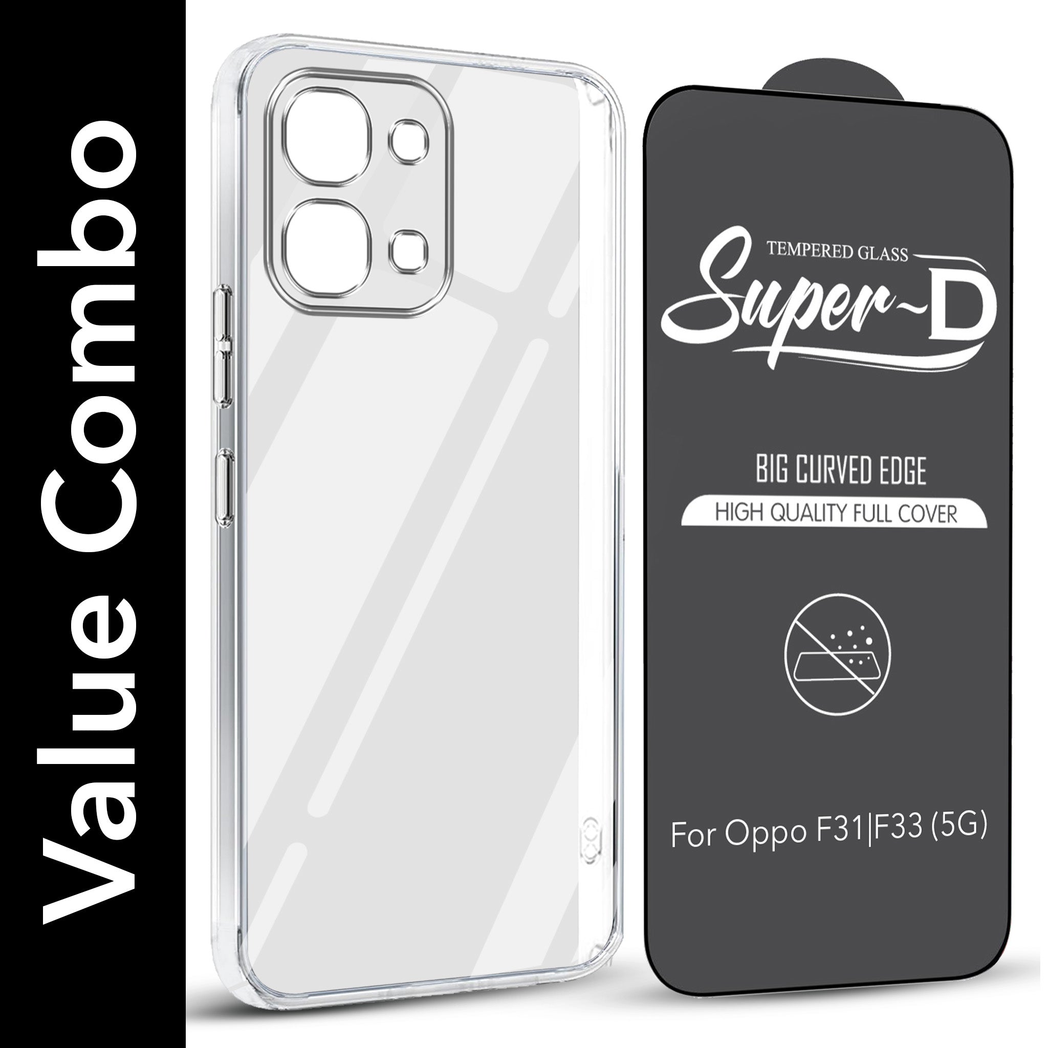 For Oppo F31 5G | Oppo F33 5G Combo with Back Cover and 9H Tempered Glass (Lifetime Anti-Yellow | Sleek Hard Crystal | Oleophobic Coating Screen Glass)