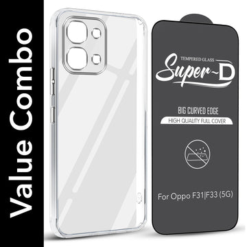 For Oppo F31 5G | Oppo F33 5G Combo with Back Cover and 9H Tempered Glass (Lifetime Anti-Yellow | Sleek Hard Crystal | Oleophobic Coating Screen Glass)