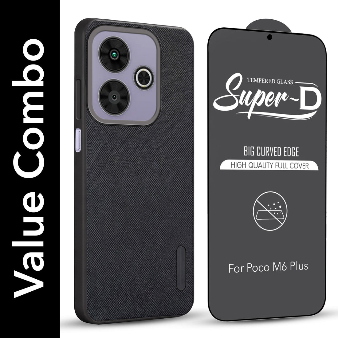 For Poco M6 Plus 5G Combo with Back Cover and 9H Tempered Glass (Textured Grip Design | Micro-Fiber Cloth Inside | Oleophobic Coating Screen Glass)