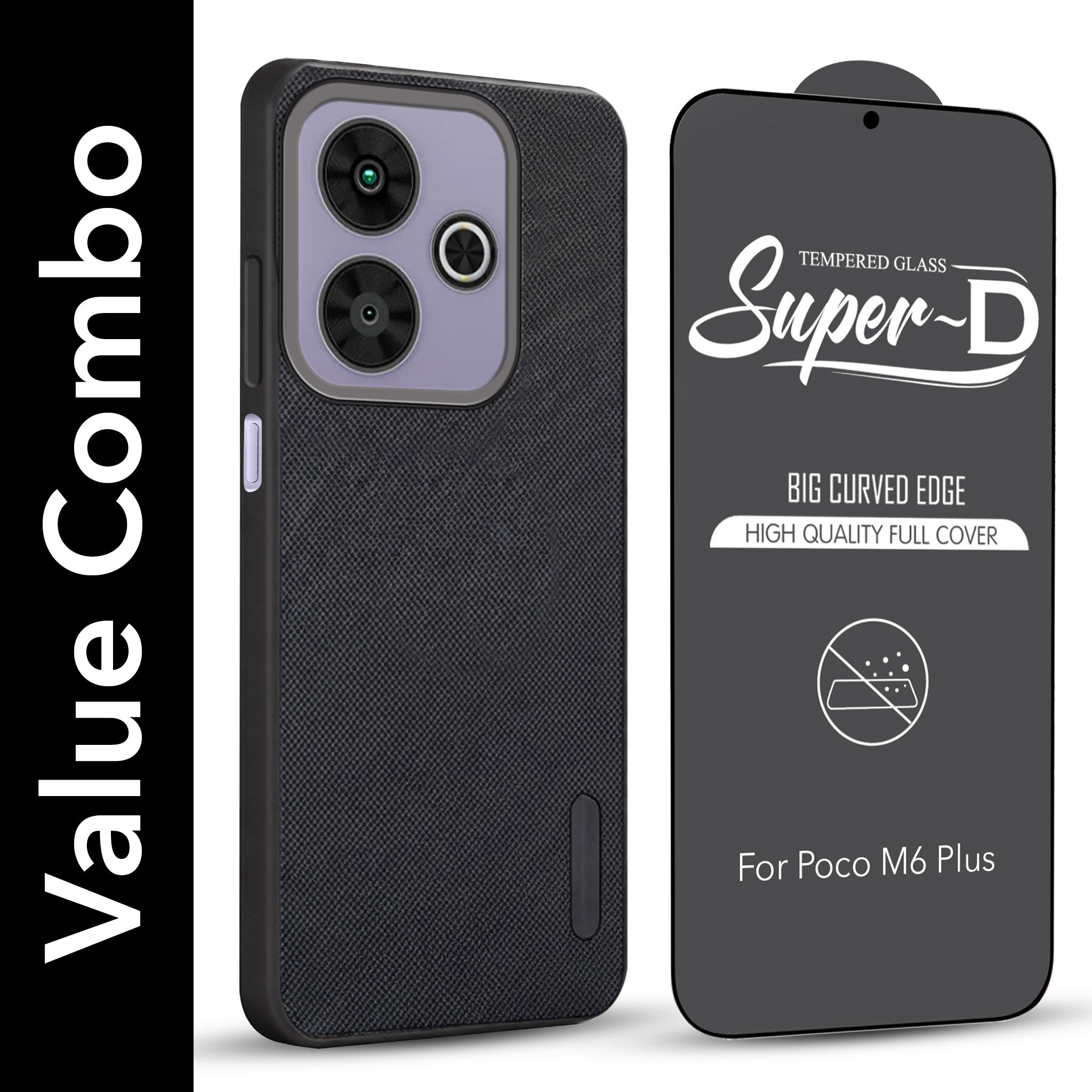 For Poco M6 Plus 5G Combo with Back Cover and 9H Tempered Glass (Textured Grip Design | Micro-Fiber Cloth Inside | Oleophobic Coating Screen Glass)