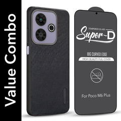 For Poco M6 Plus 5G Combo with Back Cover and 9H Tempered Glass (Textured Grip Design | Micro-Fiber Cloth Inside | Oleophobic Coating Screen Glass)