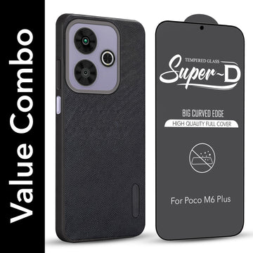 For Poco M6 Plus 5G Combo with Back Cover and 9H Tempered Glass (Textured Grip Design | Micro-Fiber Cloth Inside | Oleophobic Coating Screen Glass)