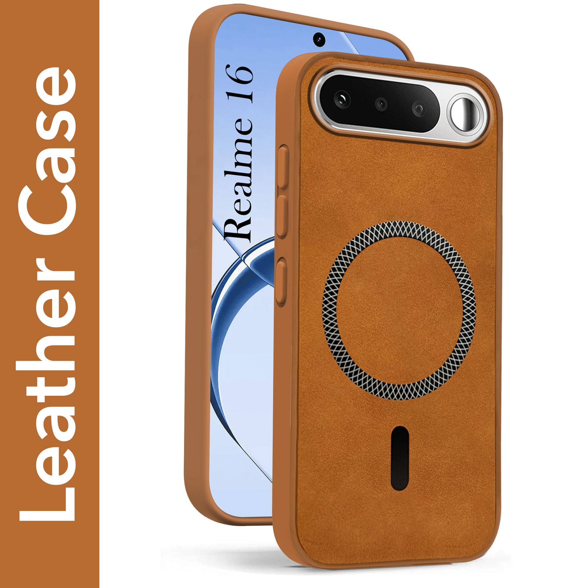For Realme 16 Back Cover Case Leather Finish (MagSafe Compatible Wireless Charging | Soft Touch | Camera Bump Protection)