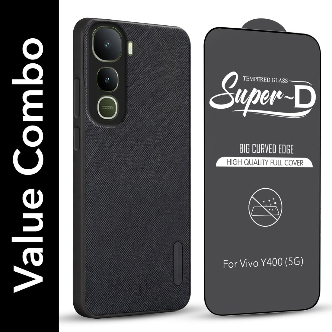 For Vivo Y400 Combo with Back Cover and 9H Tempered Glass (Textured Grip Design | Micro-Fiber Cloth Inside | Oleophobic Coating Screen Glass)