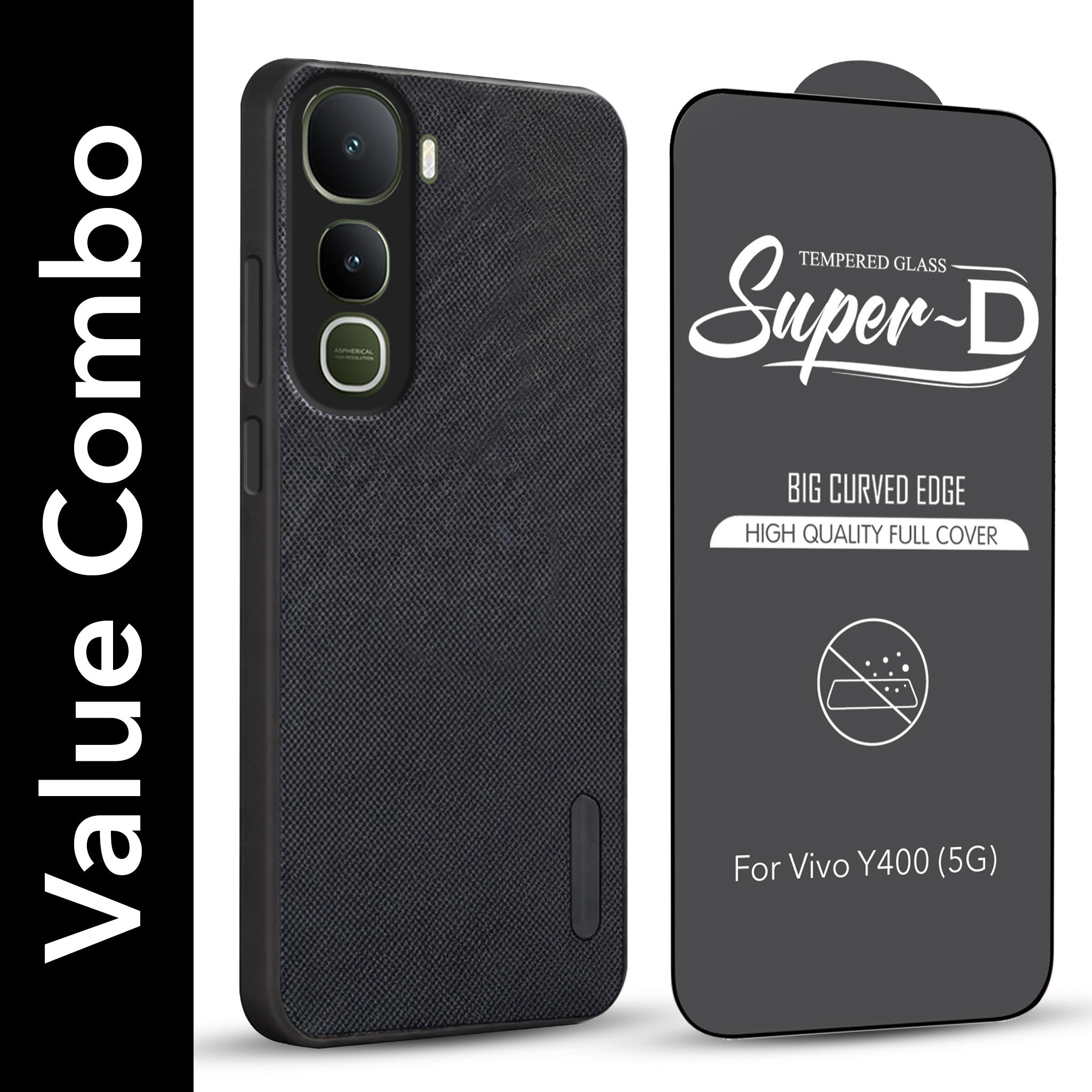 For Vivo Y400 Combo with Back Cover and 9H Tempered Glass (Textured Grip Design | Micro-Fiber Cloth Inside | Oleophobic Coating Screen Glass)