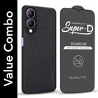 For Vivo Y17s Combo with Back Cover and 9H Tempered Glass (Textured Grip Design | Micro-Fiber Cloth Inside | Oleophobic Coating Screen Glass)