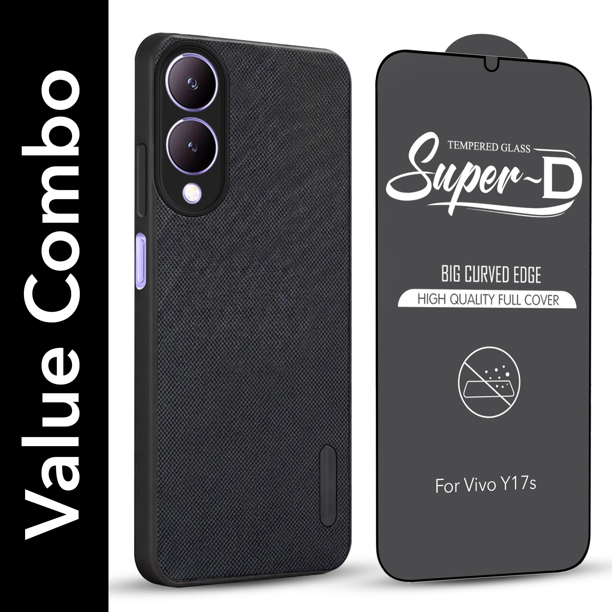 For Vivo Y17s Combo with Back Cover and 9H Tempered Glass (Textured Grip Design | Micro-Fiber Cloth Inside | Oleophobic Coating Screen Glass)
