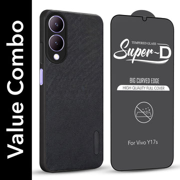 For Vivo Y17s Combo with Back Cover and 9H Tempered Glass (Textured Grip Design | Micro-Fiber Cloth Inside | Oleophobic Coating Screen Glass)