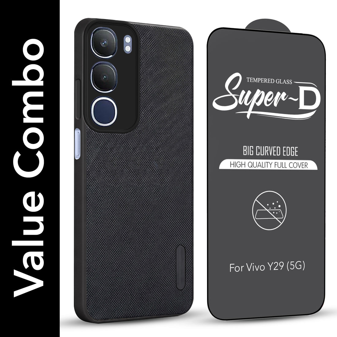 For Vivo Y29 Combo with Back Cover and 9H Tempered Glass (Textured Grip Design | Micro-Fiber Cloth Inside | Oleophobic Coating Screen Glass)