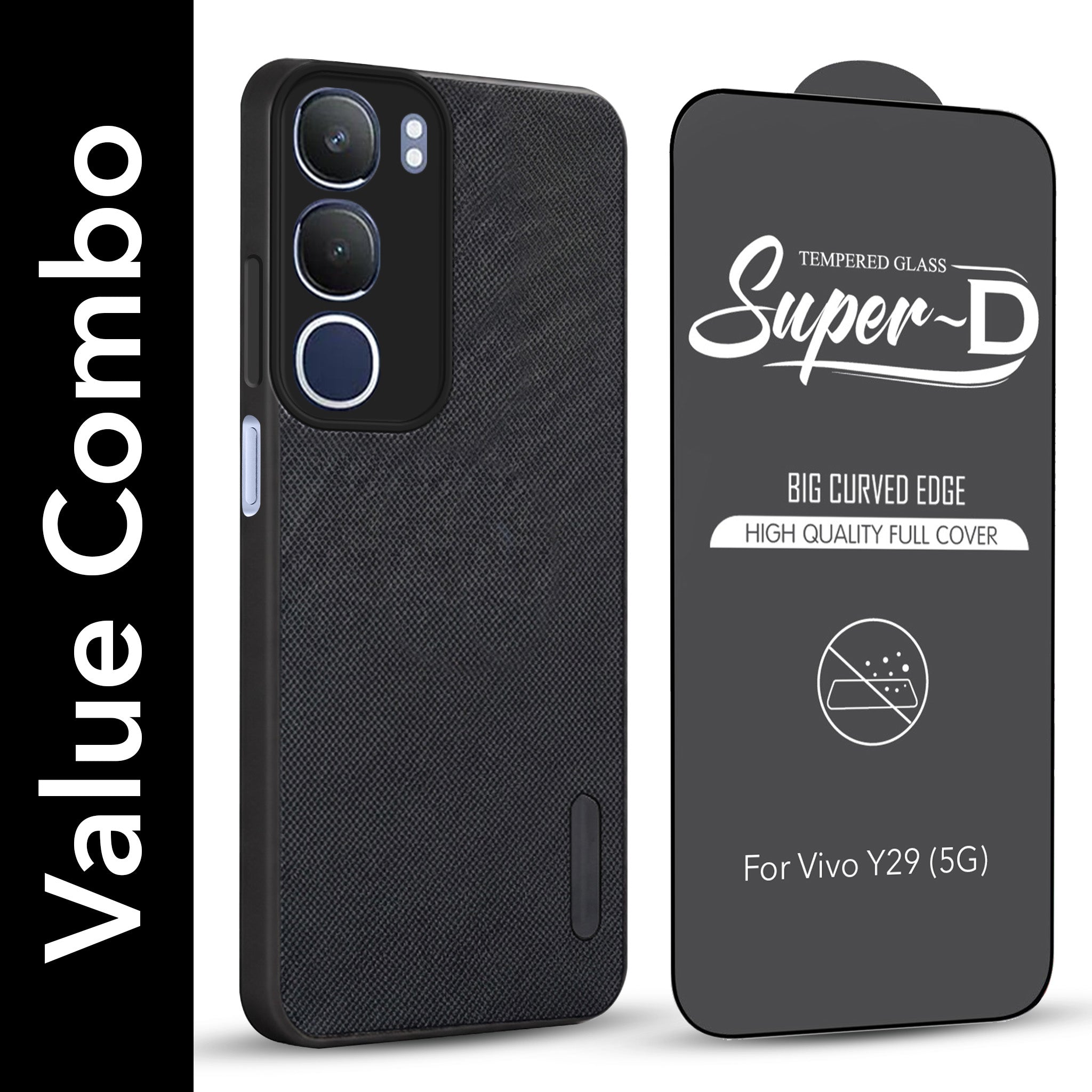 For Vivo Y29 Combo with Back Cover and 9H Tempered Glass (Textured Grip Design | Micro-Fiber Cloth Inside | Oleophobic Coating Screen Glass)