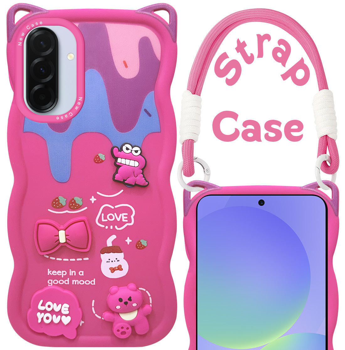 For Samsung Galaxy A36 5G Back Case Cover Strap (3D embossed Figures | Strap Holder | 360* Soft Cushion with Camera Bump)