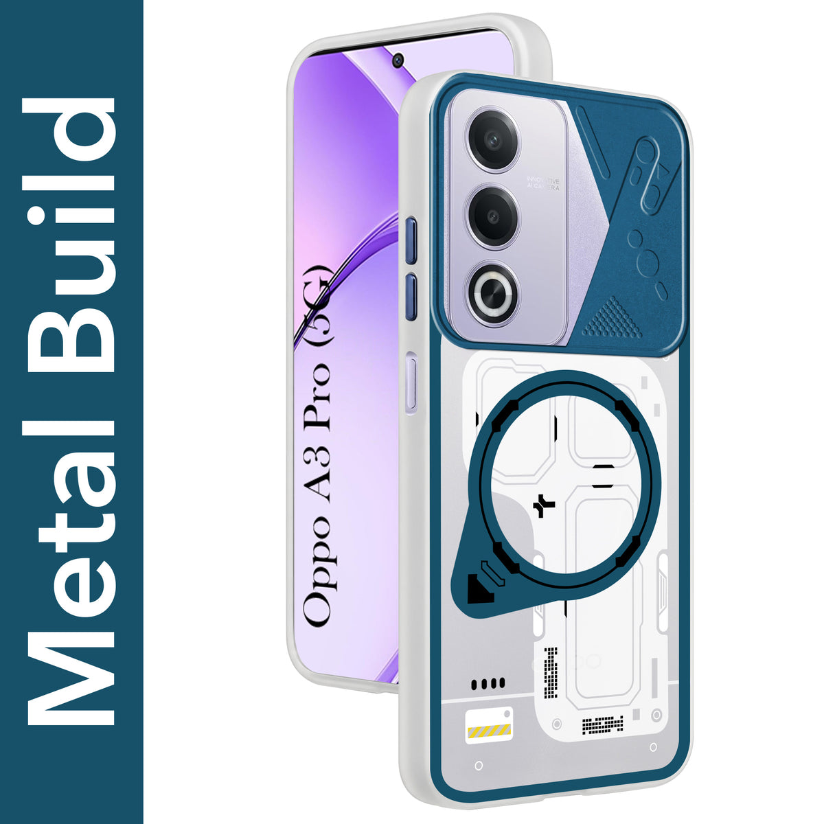 For Oppo A3 Pro 5G Metallic Back Cover Case (Metallic Camera Protection & Buttons | Translucent Milky Shade | Hard Polycarbonate)