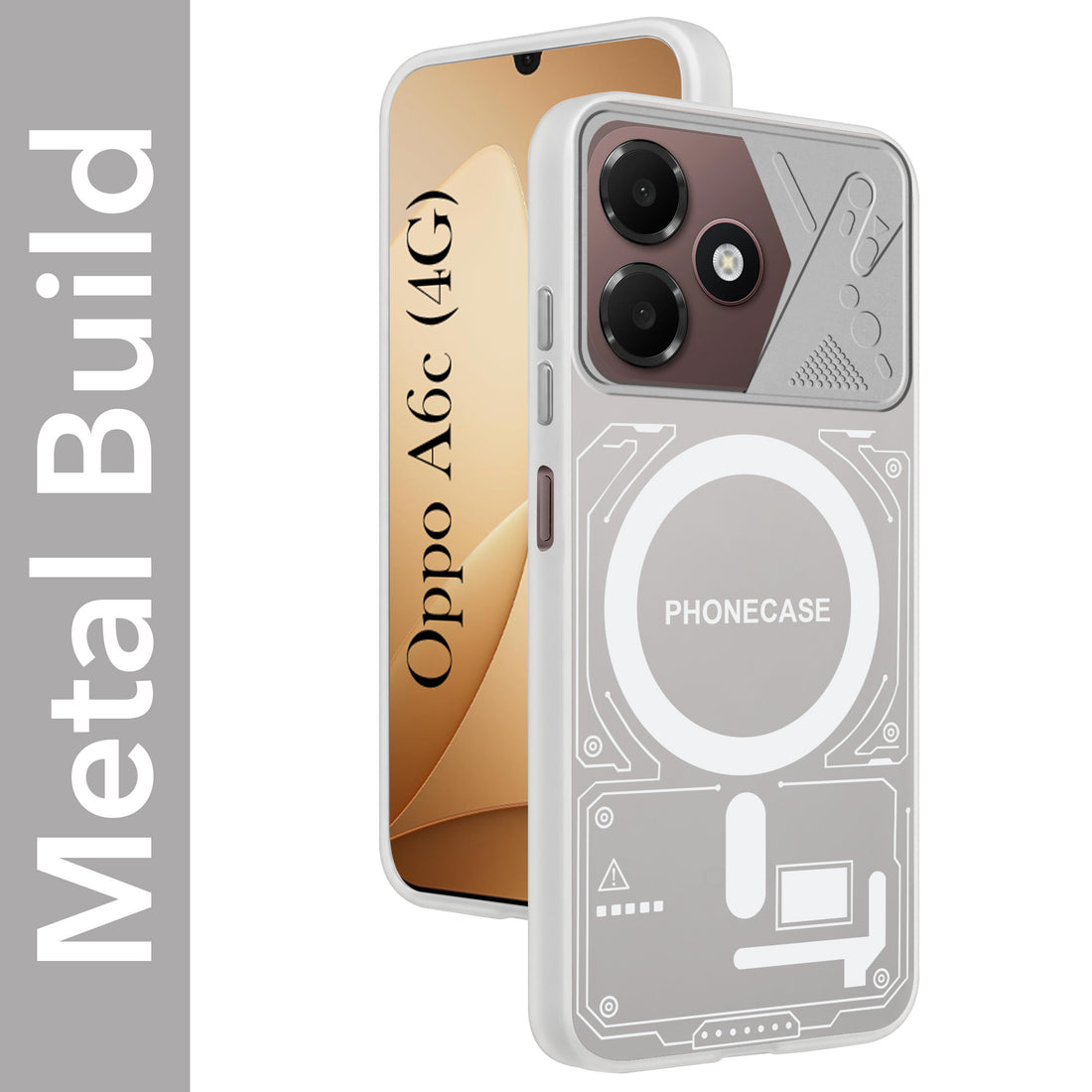 For Oppo A6c 4G Metallic Back Cover Case (Metallic Camera Protection & Buttons | Translucent Milky Shade | Hard Polycarbonate)