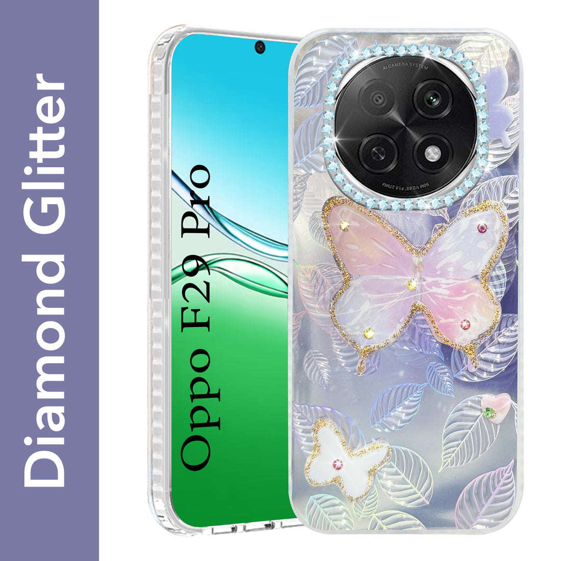 For Oppo F29 Pro Back Cover Case  (Luxury Floral Glitter Cute Butterfly | Diamond Studded Camera Bump | Girls & Women Design)
