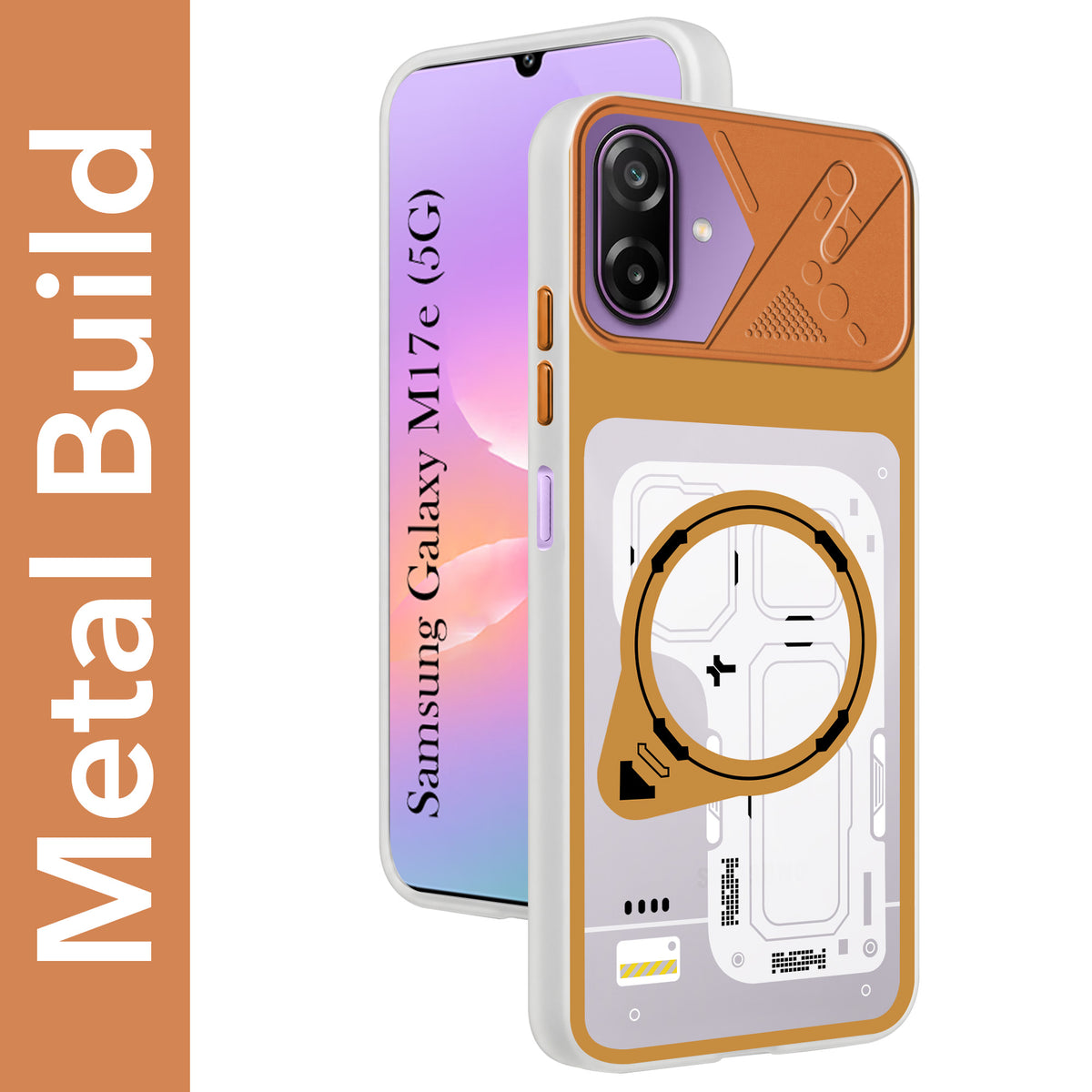 For Samsung Galaxy M17e Metallic Back Cover Case (Metallic Camera Protection & Buttons | Translucent Milky Shade | Hard Polycarbonate)