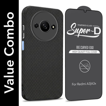 For Redmi A3 2024 | Redmi A3x Combo with Back Cover and 9H Tempered Glass (Liquid Silicone | Camera Protection | Oleophobic Coating Screen Glass)