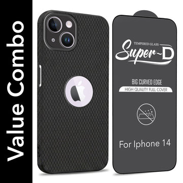 For Apple iPhone 14 Combo with Back Cover and 9H Tempered Glass (Liquid Silicone | Camera Protection | Oleophobic Coating Screen Glass)