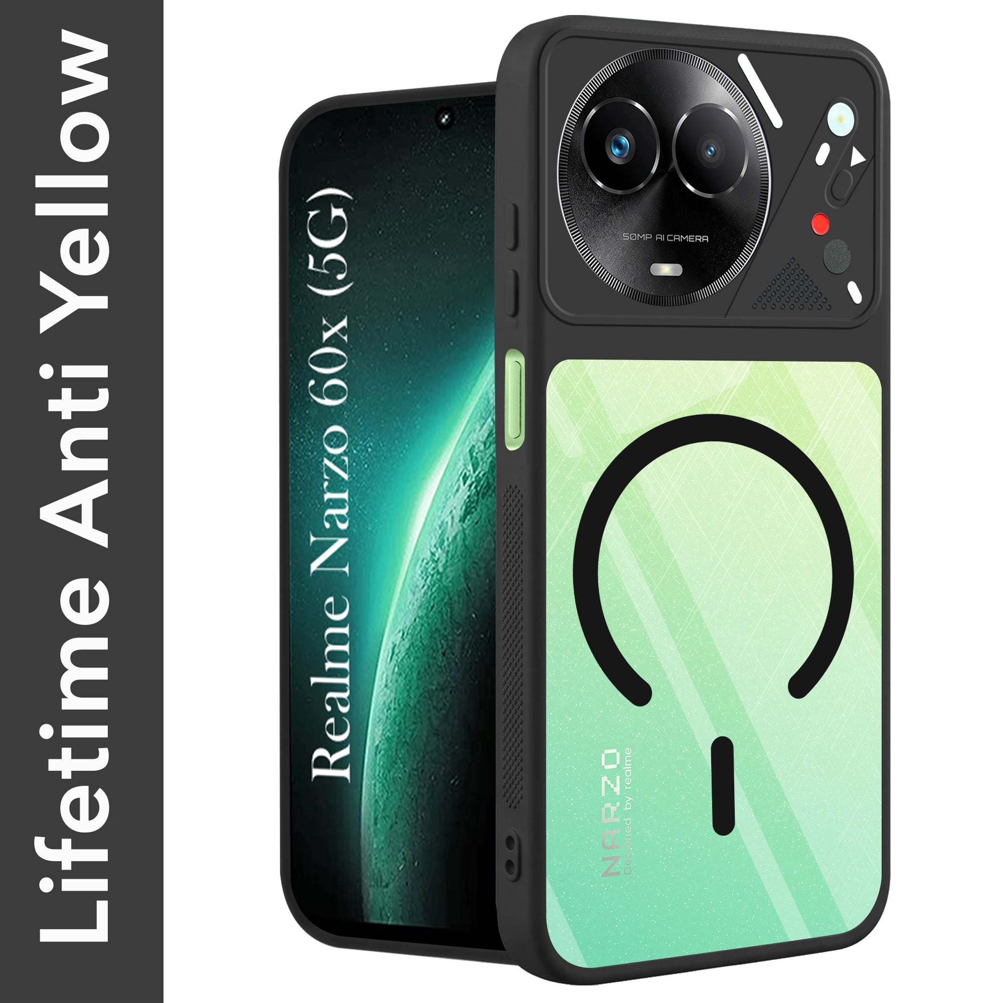 For Realme Narzo 60x Back Cover Case Lifetime Anti-Yellow Clear (Camera Protection | Side Grip | Wireless MagSafe Compatible)
