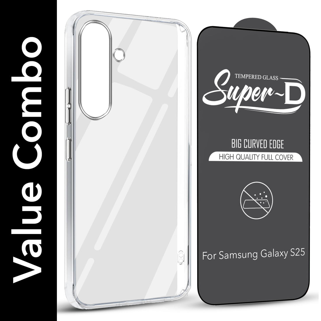 For Samsung Galaxy S25 Combo with Back Cover and 9H Tempered Glass (Lifetime Anti-Yellow | Sleek Hard Crystal | Oleophobic Coating Screen Glass)