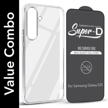 For Samsung Galaxy S25 Combo with Back Cover and 9H Tempered Glass (Lifetime Anti-Yellow | Sleek Hard Crystal | Oleophobic Coating Screen Glass)
