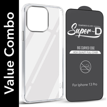 For Apple iPhone 13 Pro Combo with Back Cover and 9H Tempered Glass (Lifetime Anti-Yellow | Sleek Hard Crystal | Oleophobic Coating Screen Glass)