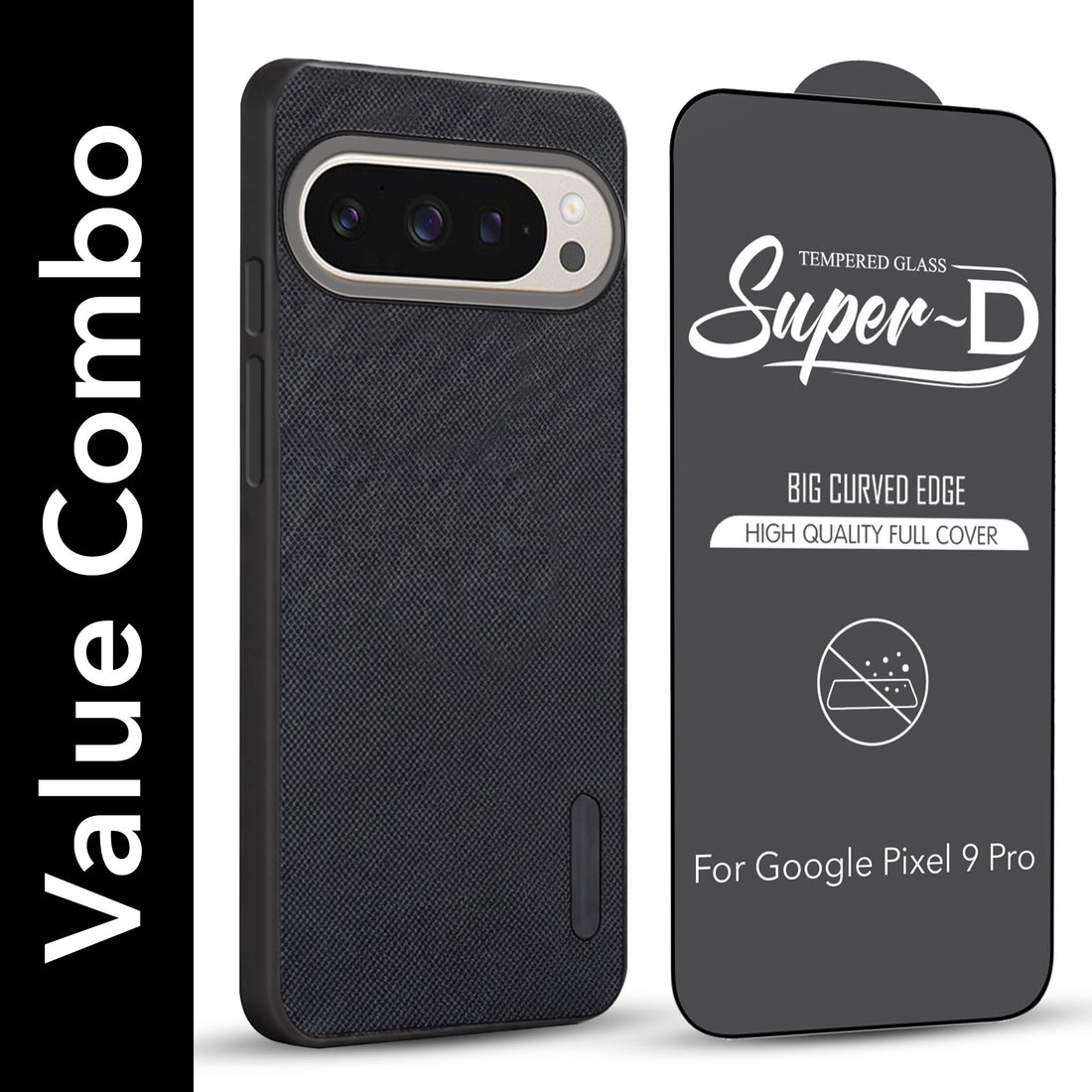 For Google Pixel 9 Pro Combo (Textured Grip Design | Micro-Fiber Cloth Inside | Oleophobic Coating Screen Glass)