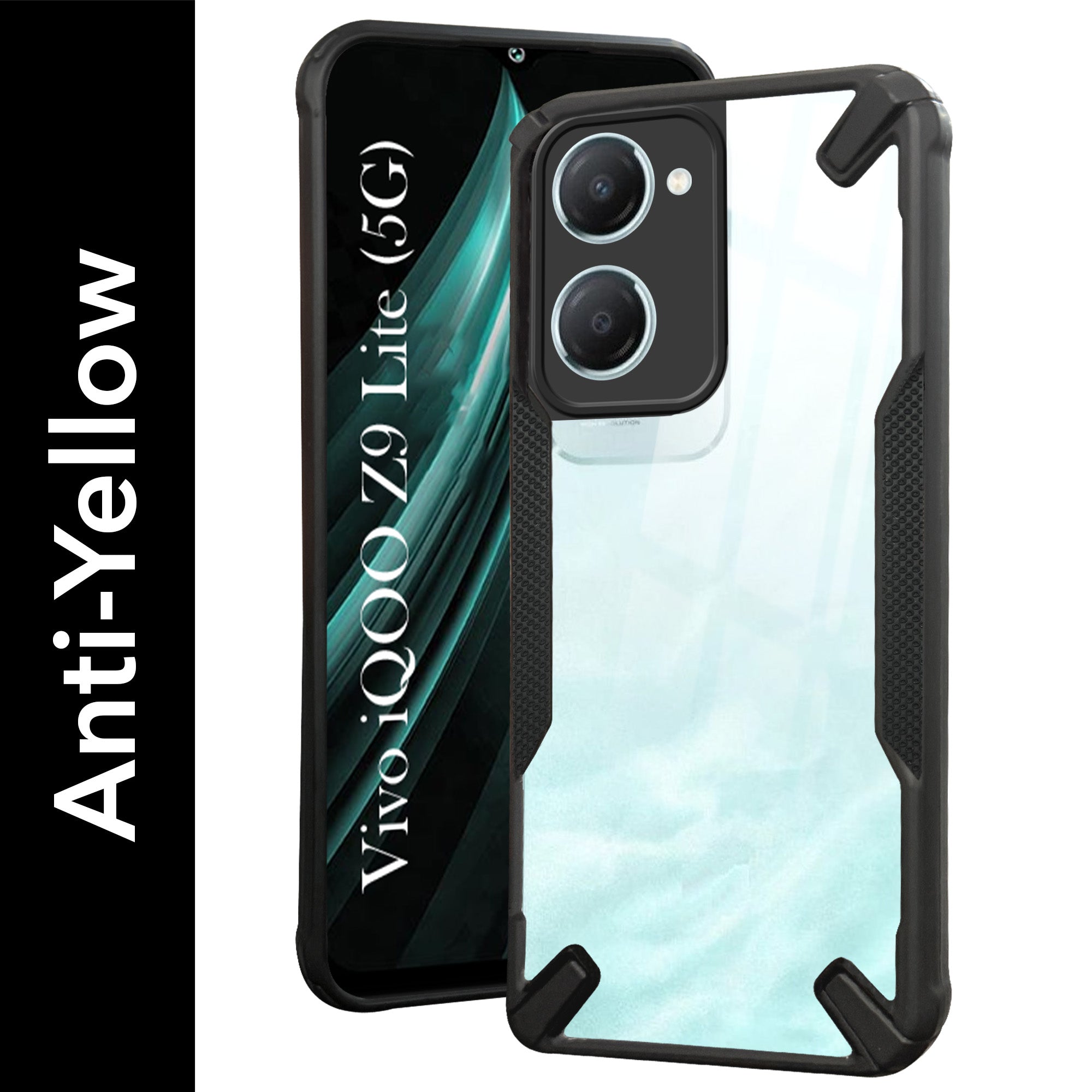 For Vivo iQOO Z9 Lite Back Cover Case (Hybrid Crystal | Ultimate Shockproof Bumpers | Anti Yellow | Rugged Armor | Black )
