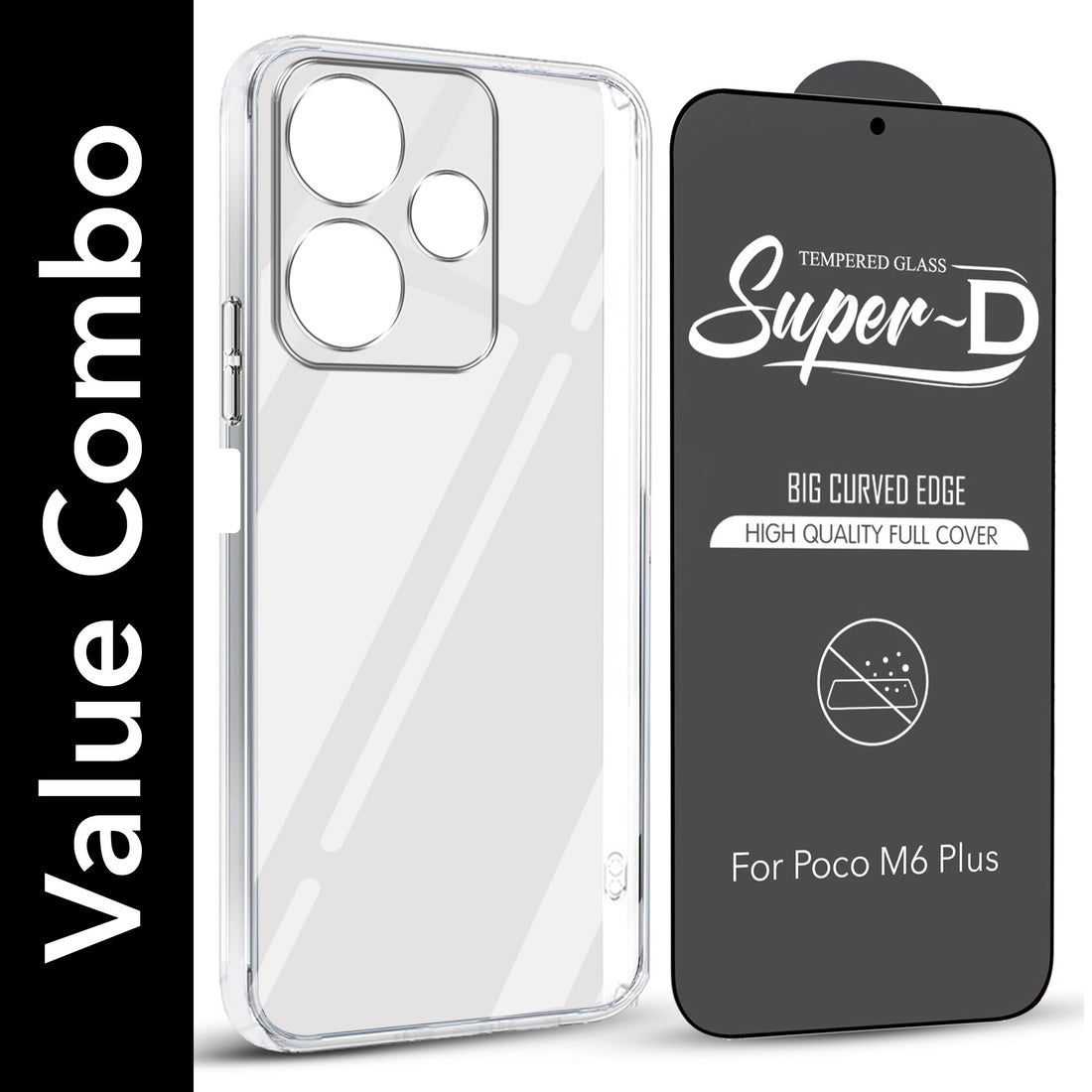 For Poco M6 Plus 5G Combo with Back Cover and 9H Tempered Glass (Lifetime Anti-Yellow | Sleek Hard Crystal | Oleophobic Coating Screen Glass)