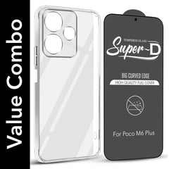 For Poco M6 Plus 5G Combo with Back Cover and 9H Tempered Glass (Lifetime Anti-Yellow | Sleek Hard Crystal | Oleophobic Coating Screen Glass)