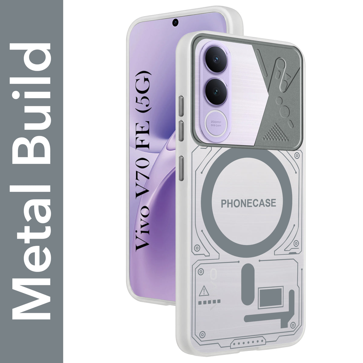 For Vivo V70 FE 5G Metallic Back Cover Case (Metallic Camera Protection & Buttons | Translucent Milky Shade | Hard Polycarbonate)