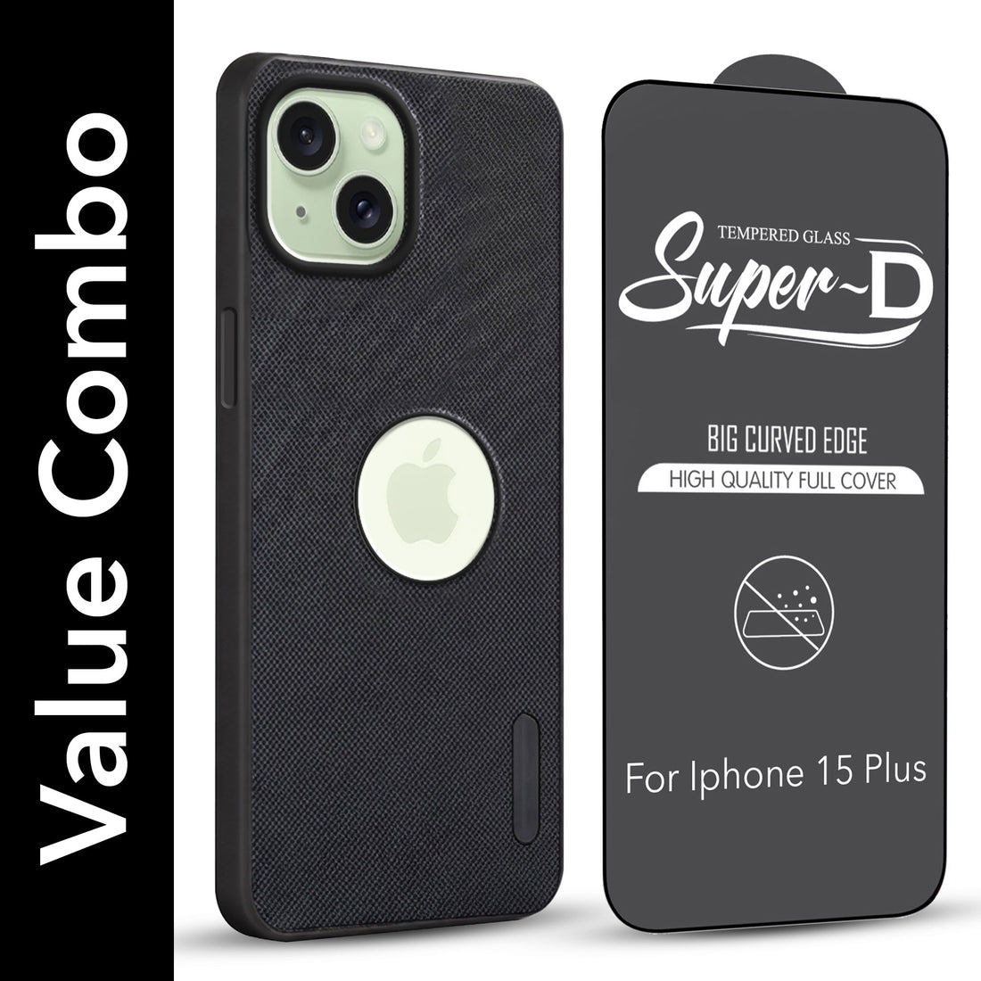 For Apple iPhone 15 Plus Combo with Back Cover and 9H Tempered Glass (Textured Grip Design | Micro-Fiber Cloth Inside | Oleophobic Coating Screen Glass)